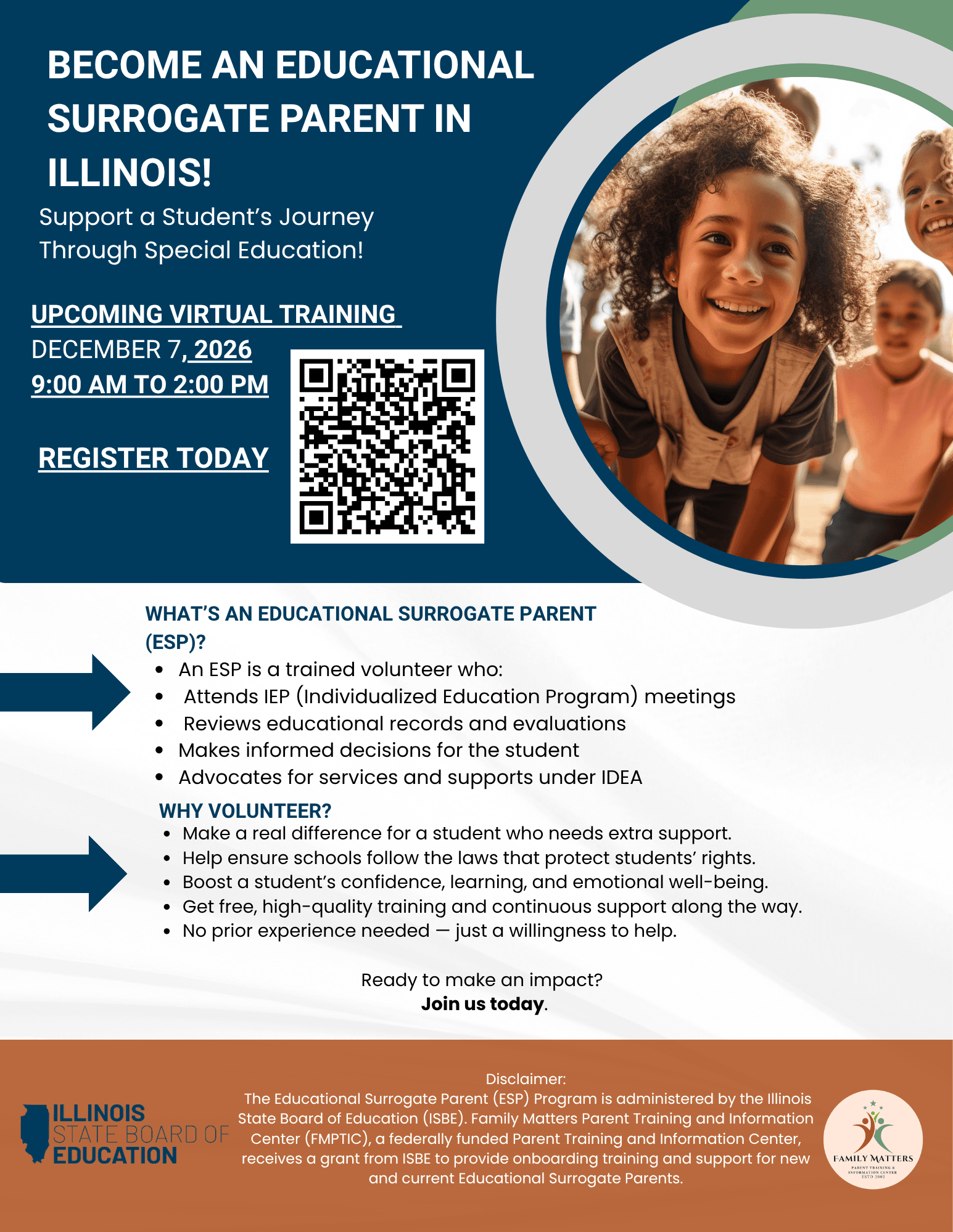 Flyer promoting Educational Surrogate Parent (ESP) volunteer training in Illinois. The flyer features a photo of smiling children outdoors, with one child in the foreground looking toward the camera. Large text reads: “Become an Educational Surrogate Pare