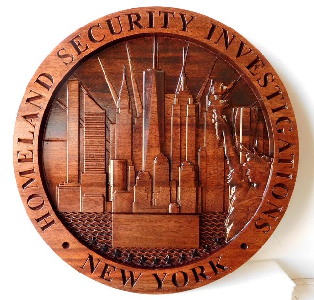 M3108 - Carved Mahogany Plaque for Homeland Security Investigations with Carved New York City Skyline (Gallery 30)