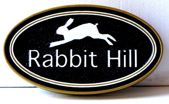 I18564 - Carved HDU Property Name Sign "Rabbit Hill", with Running Rabbit