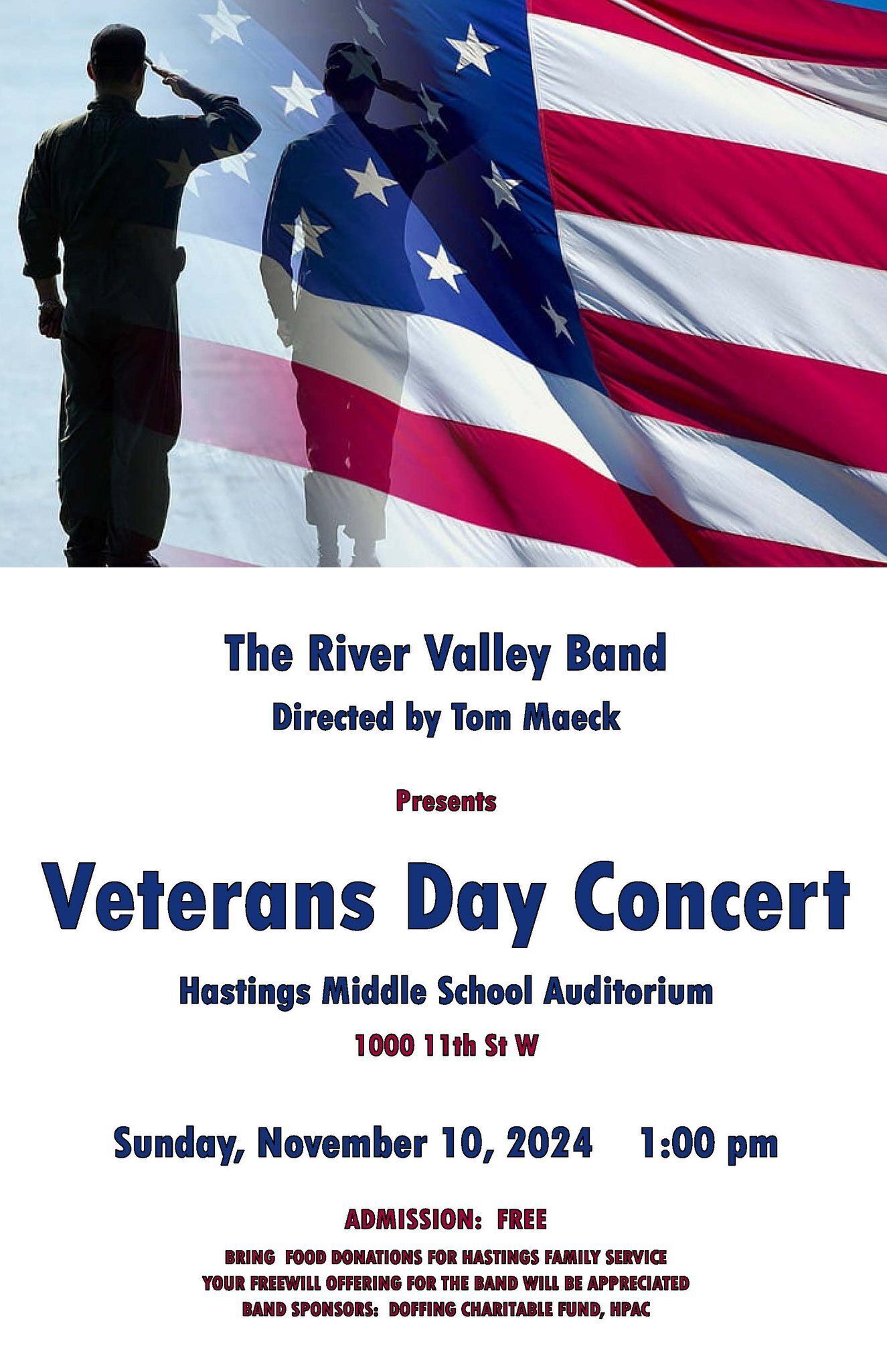 Promotional graphic with shadowed military members saluting the American Flag, text reads Veterans Day concert Hastings Middle School auditorium 1000 11th St W Sunday November 10 2024 1PM admission free