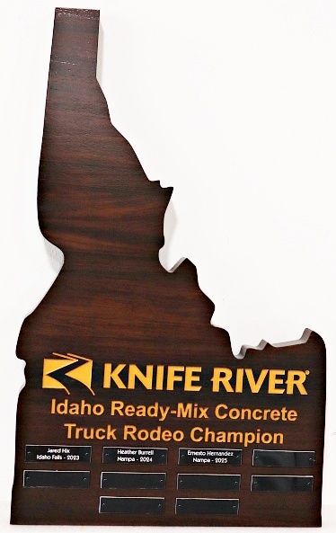 SC38311 - Carved 2.5-D Engraved HDU Sign for "Knife River" in Shape of the State of Idaho with Logo and Removable Name Plates