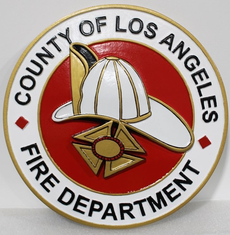 QP-3050 - Carved Wall Plaque of  the Seal  of the County of Los Angeles Fire Department, California, Artist Painted 
