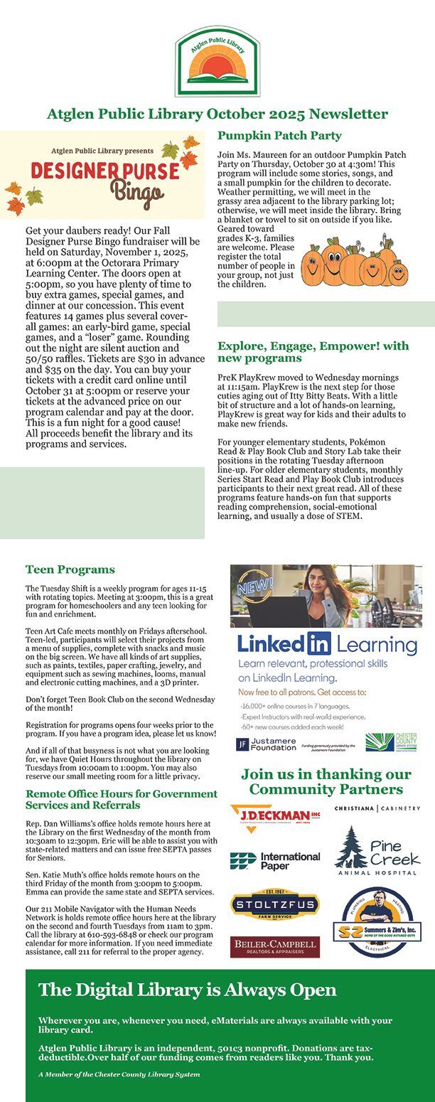 Atglen Public Library's October newsletter features Fall Designer Purse Bingo and new programs.