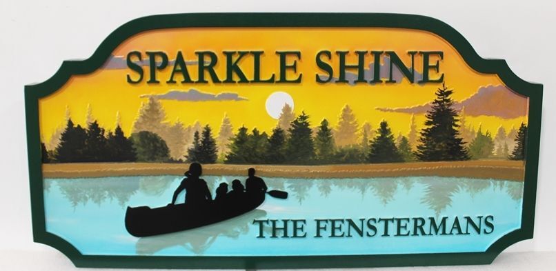 M22362A  - Carved 2.5-D  Relief HDU Property Name Sign "Sparkle Shine - The Fenstermans"., with Canoe on Lake at Sunset as Artwork