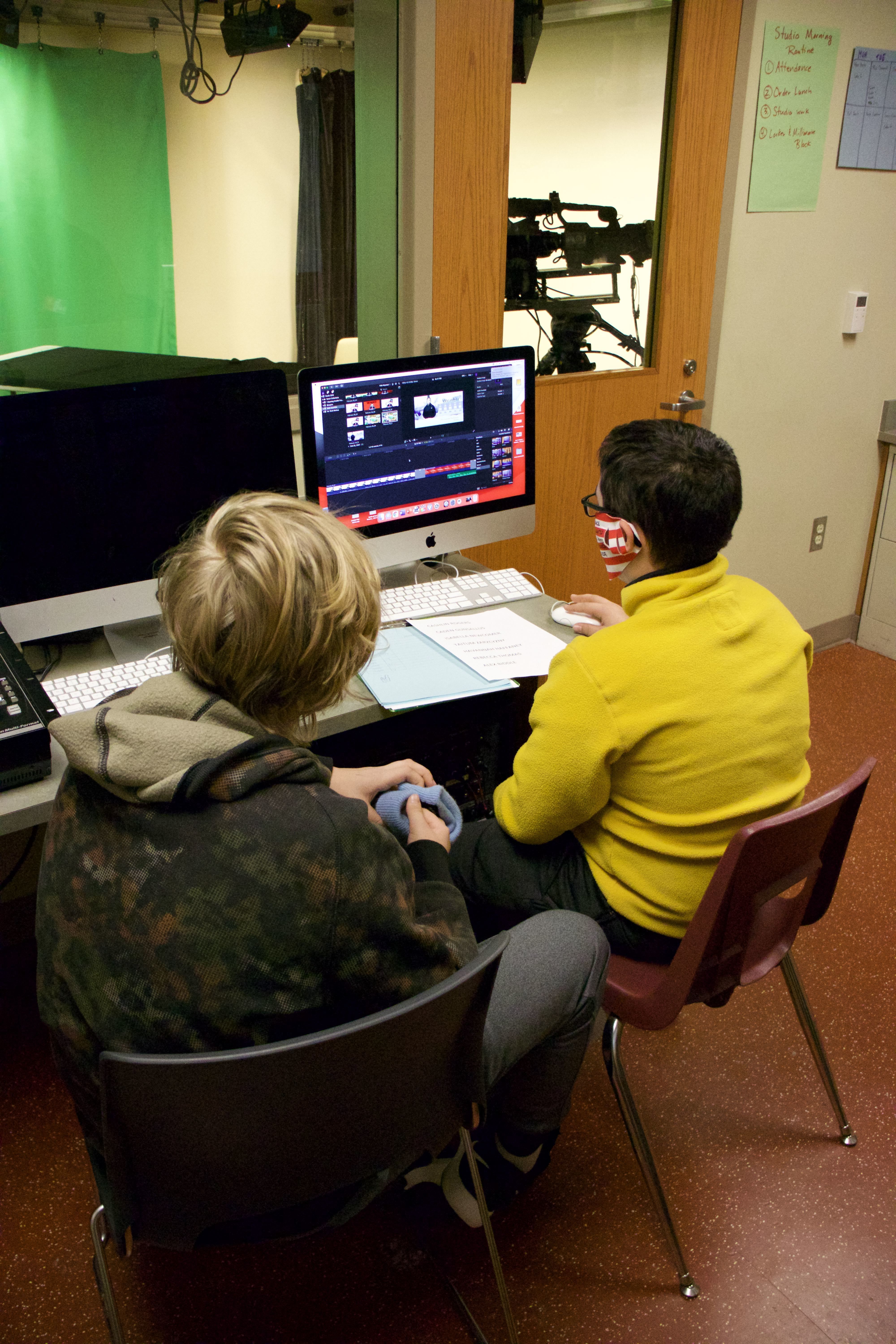 Middle school students work in the building's TV studio on equipment and software purchased through a foundation grant to improve and enhance the studio space. 