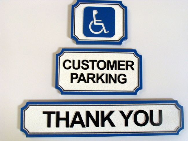 SA28751 - Carved HDU (Wood Available) Signs: "Thank You," "Customer Parking," and the Handicapped Symbol Sign