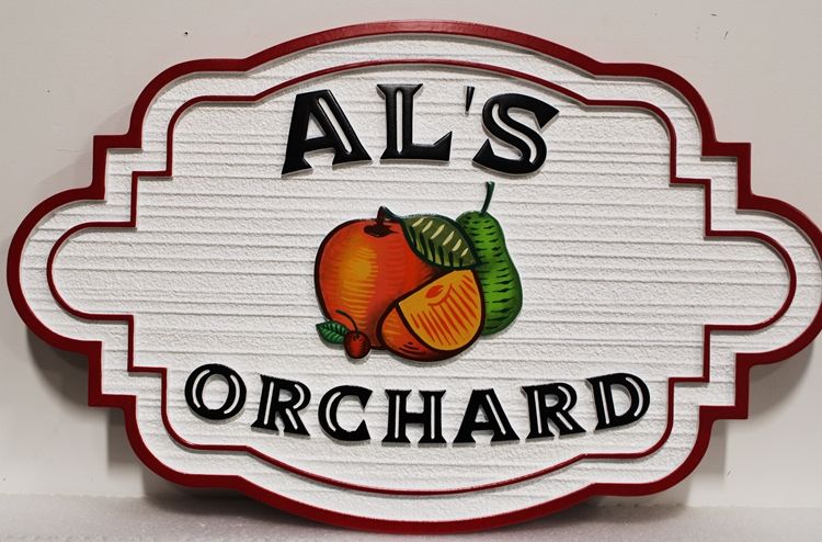 O24709 - Carved and Sandblasted Wood Grain HDU  Sign for  "Al's Orchard", with an Apple, Orange and Pear as Artwork