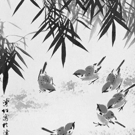 Sumi-e "Birds & Bamboo" Japanese Ink Painting