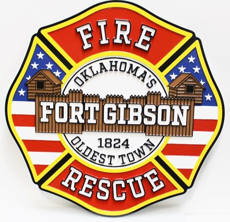QP-3033 - Carved 2.5-D Multi-Level Relief HDU Plaque of the Emblem of the Fire and Rescue Department, Fort Gibson, Oklahoma