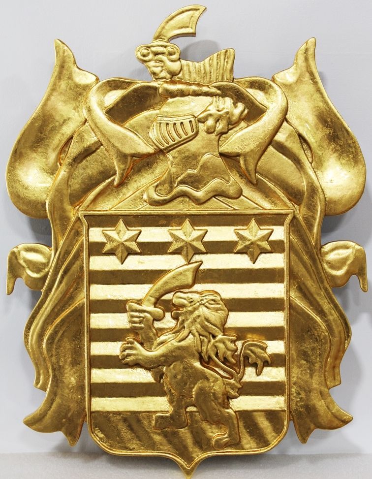 XP-1028 - Carved 3-D Gold-Leaf Gilded Plaque of a Coat-of-Arms with a Helmet and a Shield  with a Rampant Lion Carrying a Scimitar