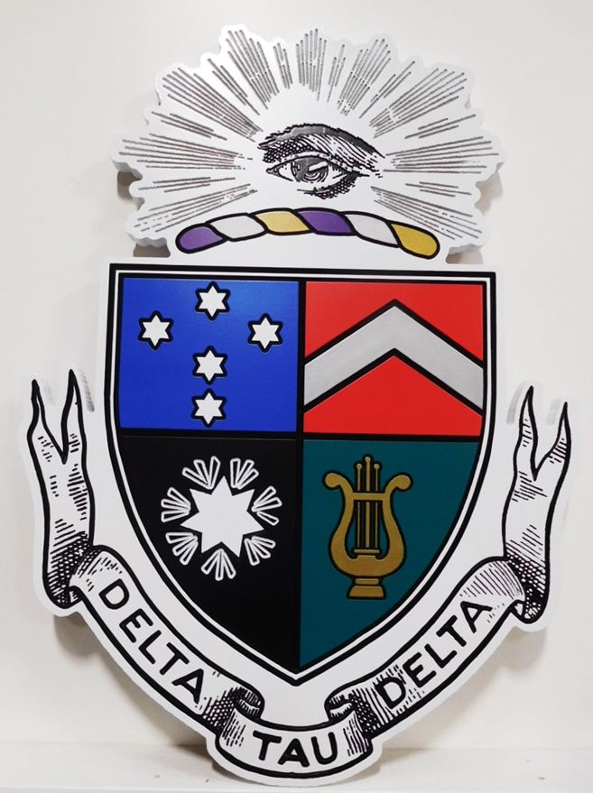 SP-1330 -   Carved Wall Plaque of Delta Tau Delta  College Fraternity Coat-of-Arms / Crest, 2.5D Engraved  Artist Painted 