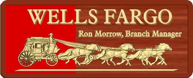 Z35310 - 2.5-D Interior Wall Plaque for Wells Fargo Bank, Carved from Mahogany, with  Raised Text and Artwork o