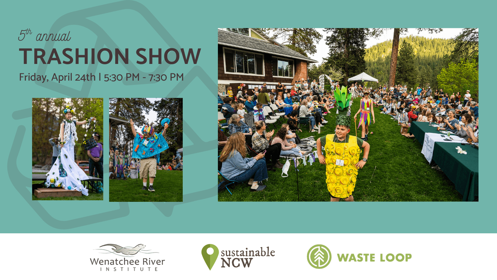 A model wears a cape made of old fabric, a mask made of scrap plastic, and a rescued hat. 