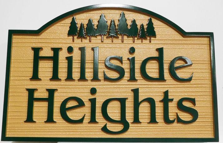 K20385 - Natural-looking Carved and Sandblasted Wood Grain  High-Density-Urethane (HDU)  Entrance Sign for a Residential Community, "Hillside Heights", with Grove of Fir Trees as Artwork