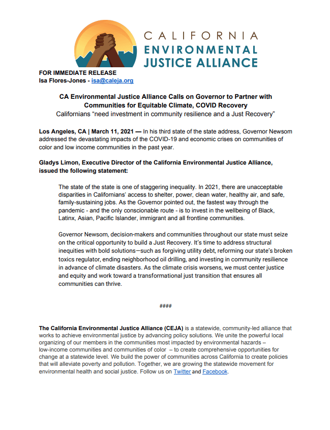 CA Environmental Justice Alliance Calls on Governor to Partner with Communities for Equitable Climate, COVID Recovery
