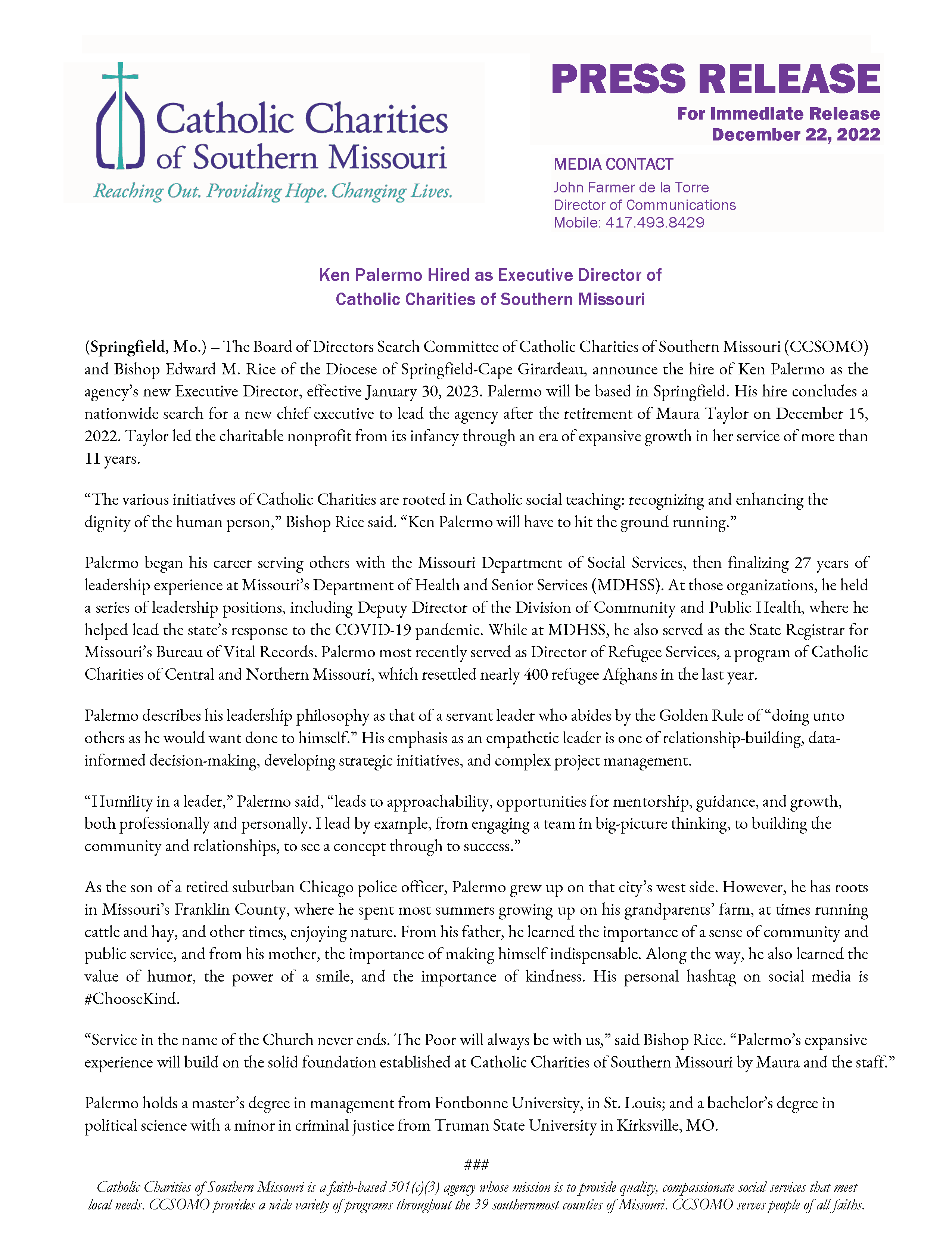 PRESS RELEASE - Ken Palermo named as new Executive Director of Catholic Charities of Southern Missouri.