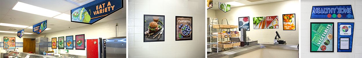 4 pictures of cafeteria signs showing nutrition education, food artwork, food posters, food banners