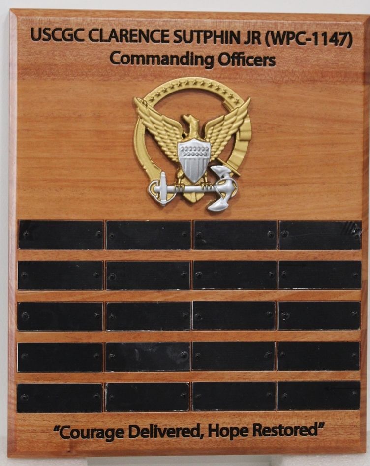 NP-2775 - Carved Mahogany Award Plaque Listing Previous Commanding Officers  for USCG Cutter, Clarence Sutphin, Jr. , WPC-1147