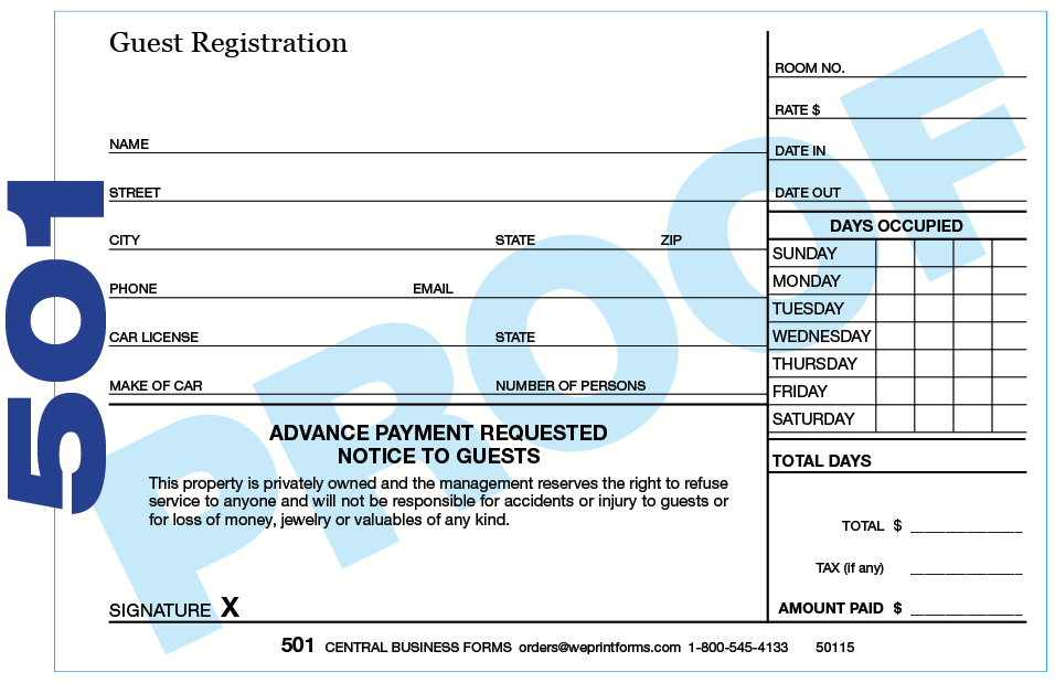Guest Registration, Registration cards and forms
