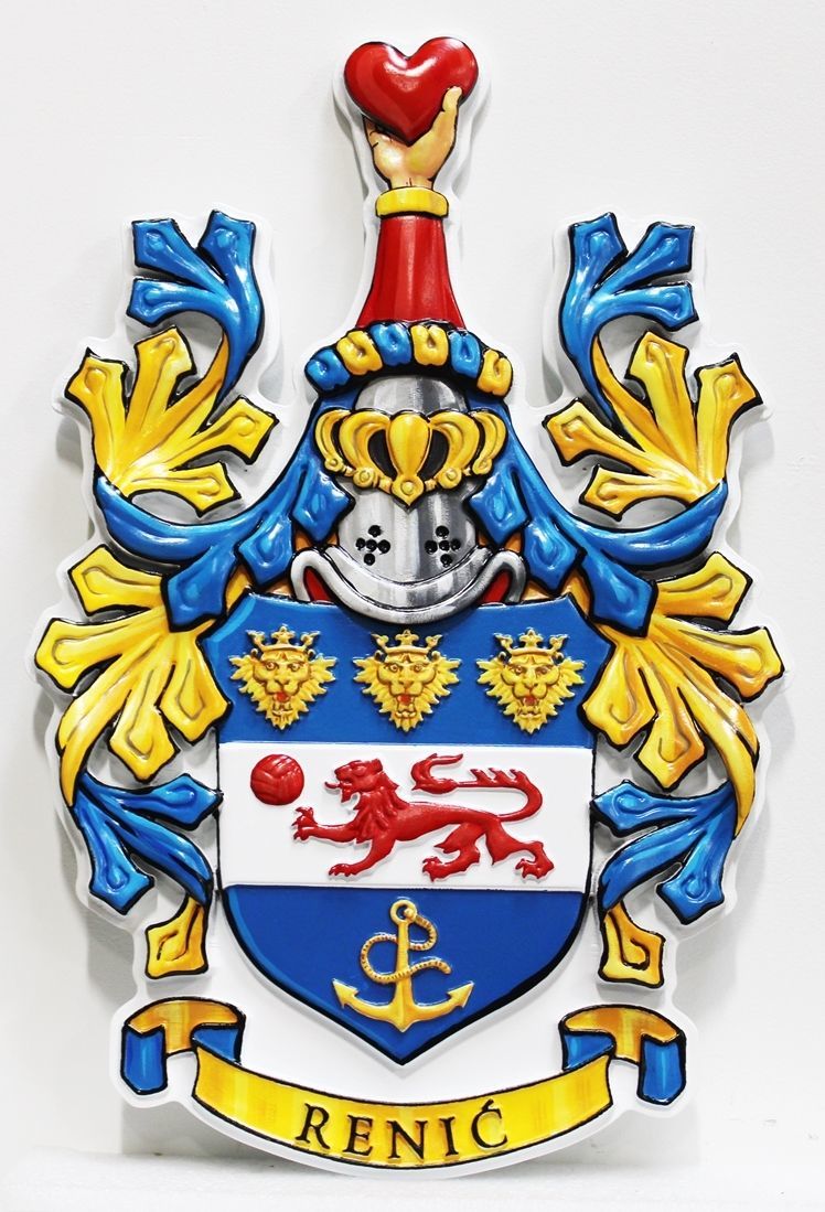 XP-1032 - Carved 3-D Artist-Painted HDU Plaque of a Coat-of-Arms for the Renic Family with a Hand Holding a Heart, a Helmet and a Shield    