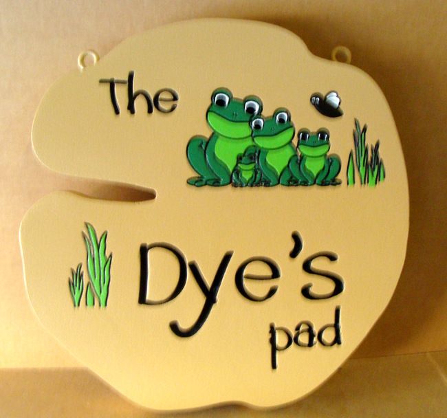 M22431 - Whimsical  Engraved  HDU Property Name  sign for "The Dye's Pad", with Four frogs as Artwork 