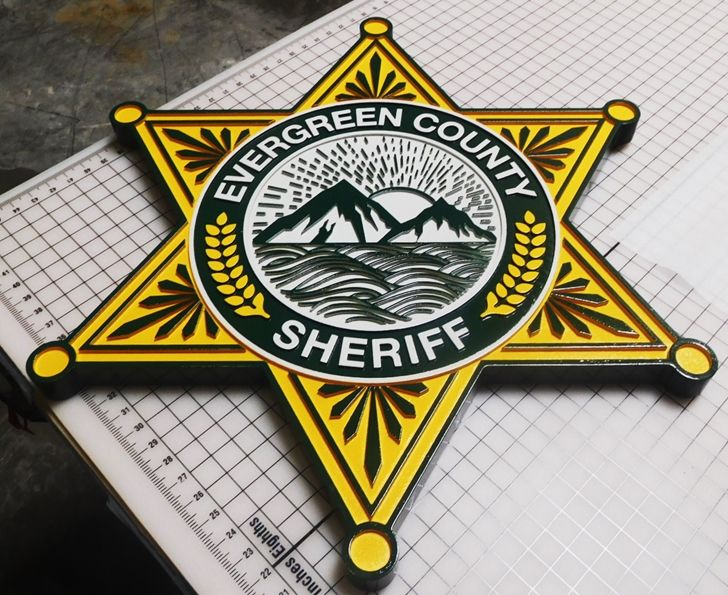 PP-1695 - Carved Plaque of the Star Badge of the Sheriff's Office, Evergreen County, Artist-Painted