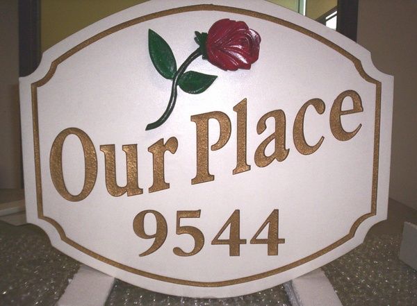 I18221 - Carved Property Address Sign, with Rose , "Our Place"