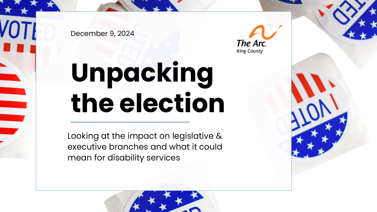 Image of I Voted stikers, with text: December 9, 2024. Unpacking the Election. Looking at the impact on legislative & executive branches and what it could mean for disability services