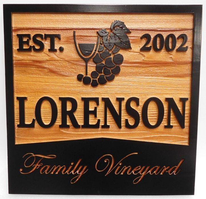 R27034 - Carved  Natural Western Red Cedar Sign for the "Lorenson Family Vineyard"  with  2.5-D Raised Artwork (Glass of Wine and Grape Cluster) 