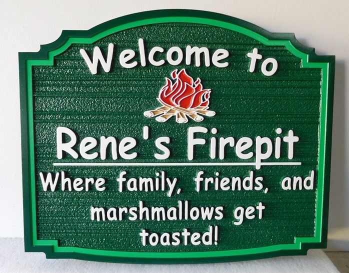 M22026 - Sandblasted and Carved Address Welcome Sign for "Rene's Firepit"