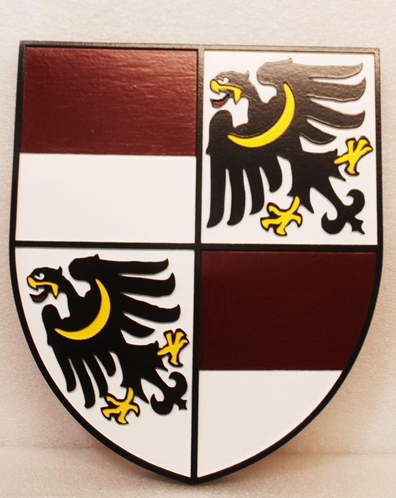 XP-3542 - Carved 2.5-D Plaque of a Shield Coat-of-Arms with Austrian-Style  Eagles