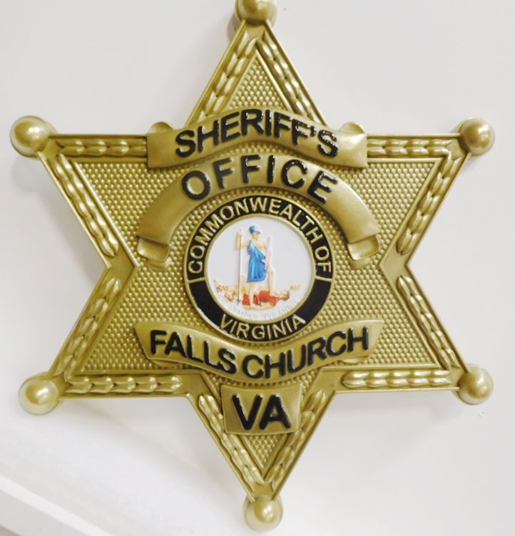 PP-1752- Carved Plaque of the Star Badge of the Sheriff's Office, Fall Church, Virginia, 3-D Brass-plated
