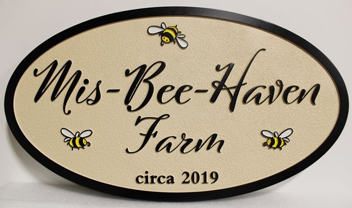O24753A- Carved  Entrance Sign for a Beekeeping farm, "Mis-Bee-Haven Farm", with Bees as Artwork
