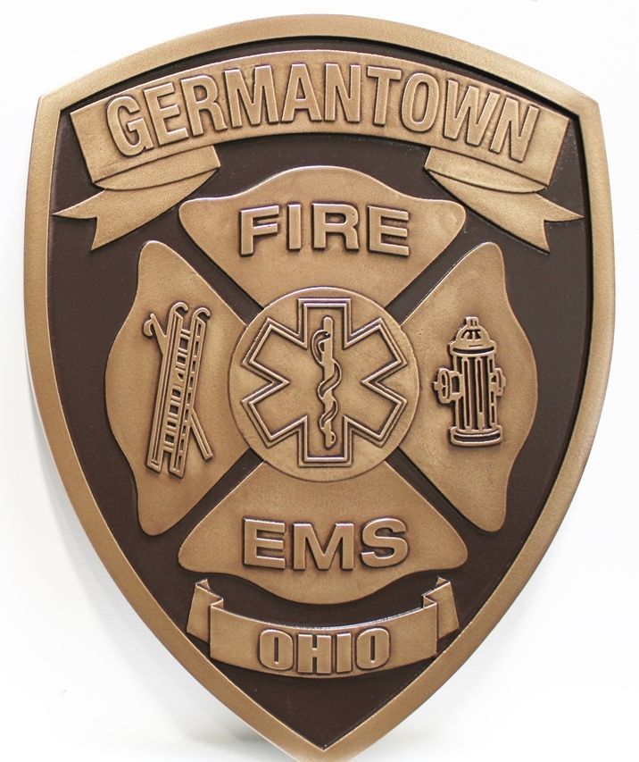 QP-2070 - Carved 2.5-D Multi-Level Relief Bronze-Plated Plaque of the Shoulder Patch of the Fire and Emergency Services Department of the City of Germantown, Ohio