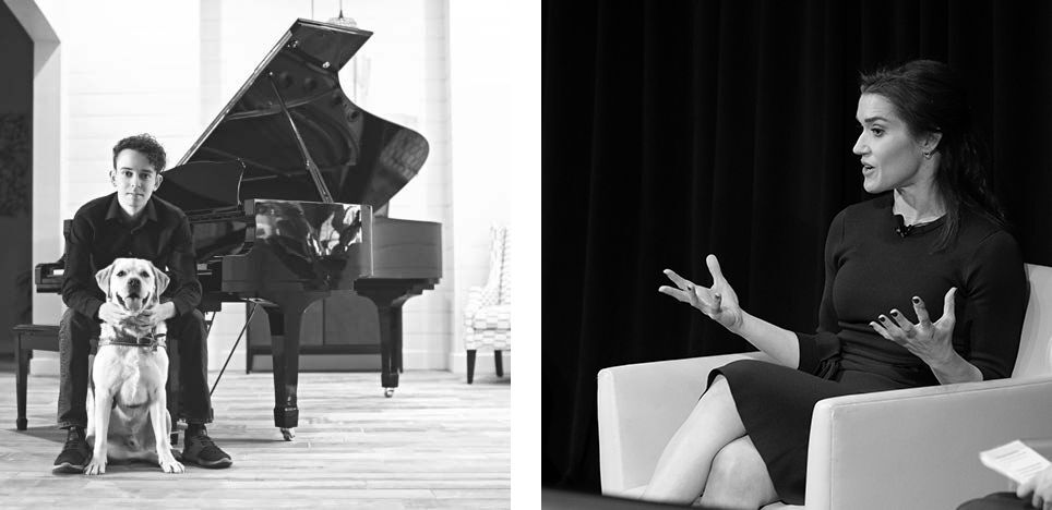 2 photos on L is Brenden sorensen with his guide dog sitting at a piano and on R is Rebecca Alexander in conversation holding up her hands.