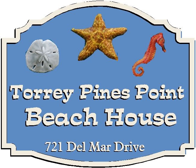 L21501- Carved 3-D Beach House Address Sign, with Starfish, Seahorse, and  Sand Dollar