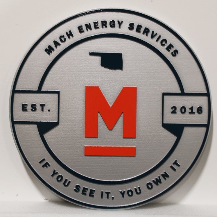 VP-1454 - Carved 2.5-D Raised Reiief HDU PLaque of the Logo of Mach Energy Services 