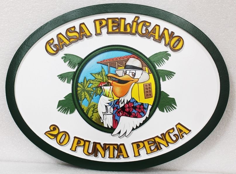 L21626A - Carved Coastal Home  Address and Name Sign, "Casa Pelicano ”, featuring a Pelican Holding Drin