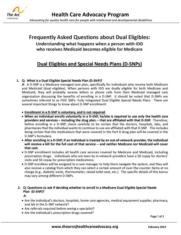 FAQ on Dual Eligibles: Understanding what happens when a person with IDD who receives Medicaid becomes eligible for Medicare - Dual Eligibles and Special Needs Plans (D-SNPs)