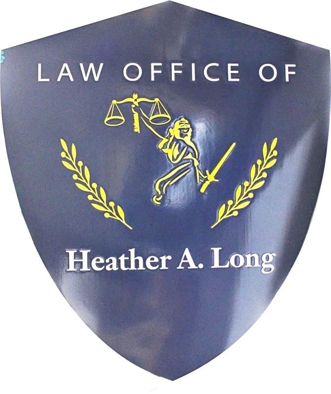 A10047- Carved and Engraved HDU Sign for "Law Office of Heather A. Long" with artwork