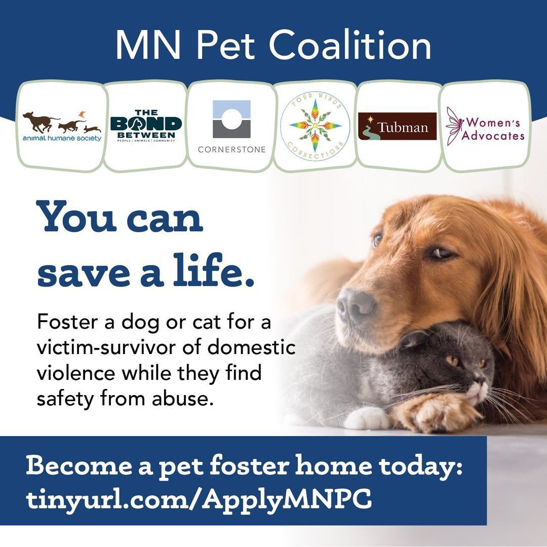The MN Pet Coalition, with logos of involved organizations and an image of a dog and cat. The text says "You can save a life. Become a pet foster home today."