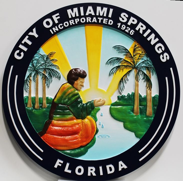 DP-1661- Carved 3-D Bas-Relief Plaque of the Seal of the City of Miami Springs, Florida (Old Version) ,  Artist Painted