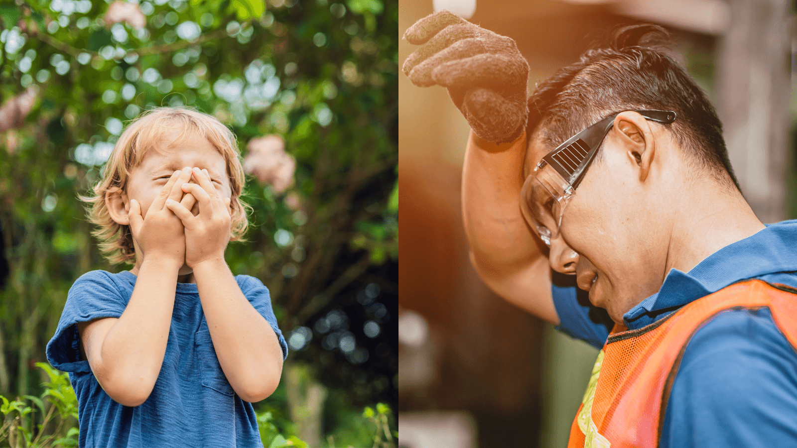 young child covering a sneeze and a construction worker looking exhausted from the heat 