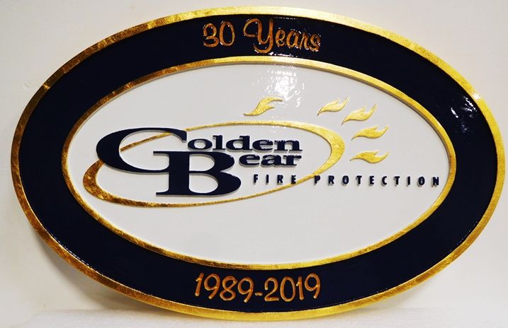 QP-3152 - Carved Plaque of the Logo of the Golden Bear Fire Protection Company, 2.5-D Gold Leaf Gilded
