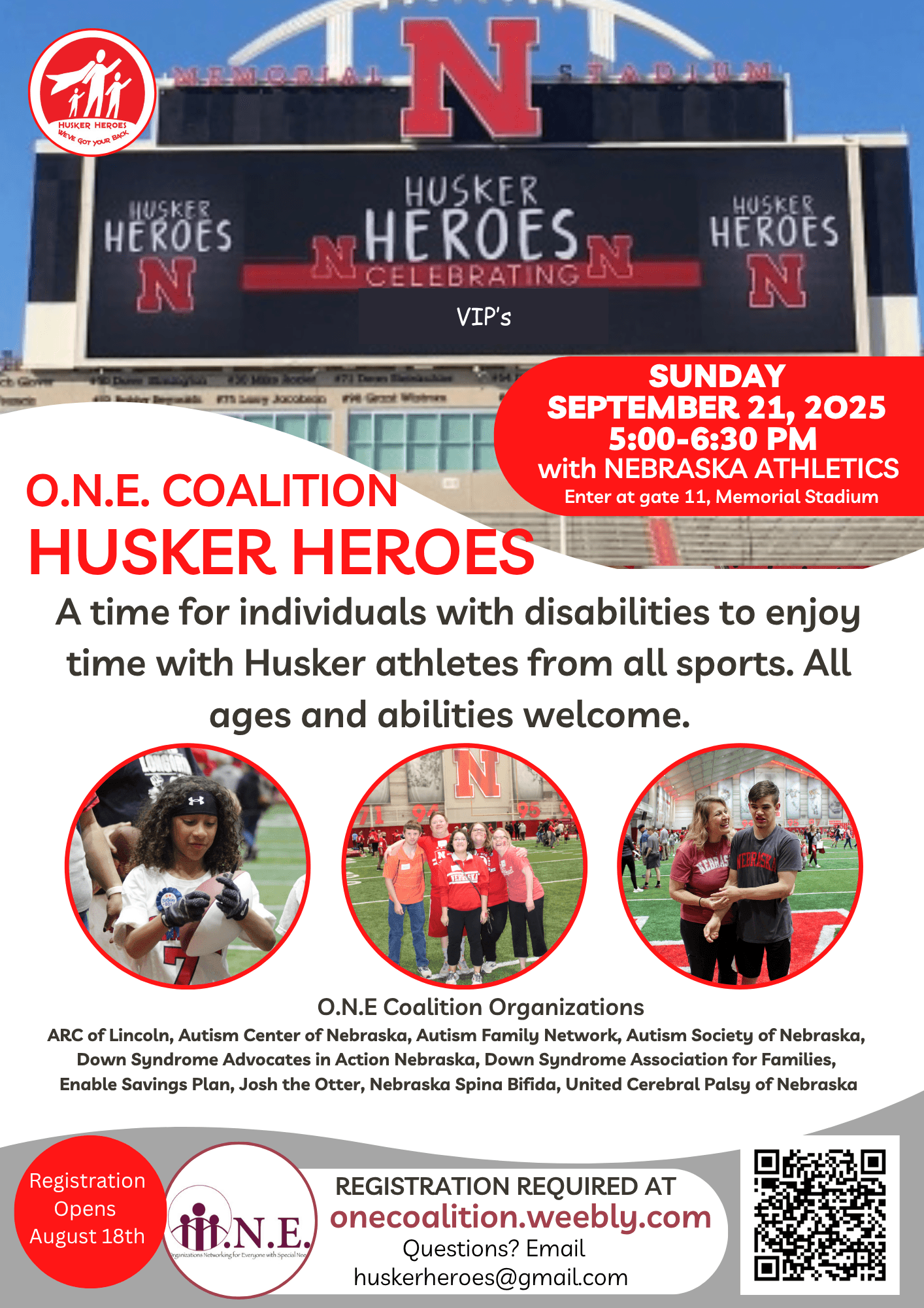 Nebraska Husker Athletes welcome all ages to this event, designed for individuals with disabilities to explore games and activities in the Husker's stadium!