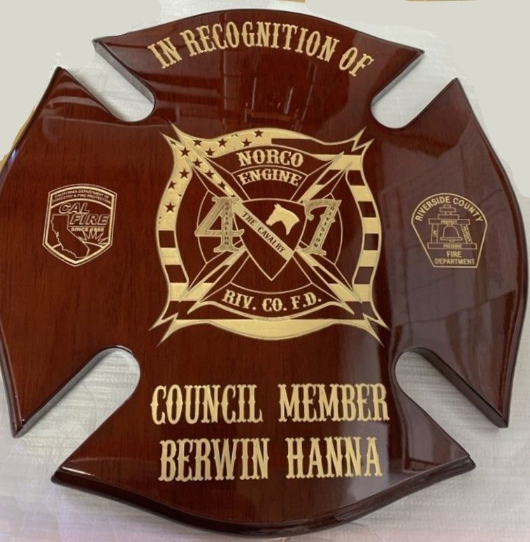 QP-3085 - Engraved Mahogany Plaque Honoring a Council Member, Presented by Norco Engine 47, Riverside Fire Department 
