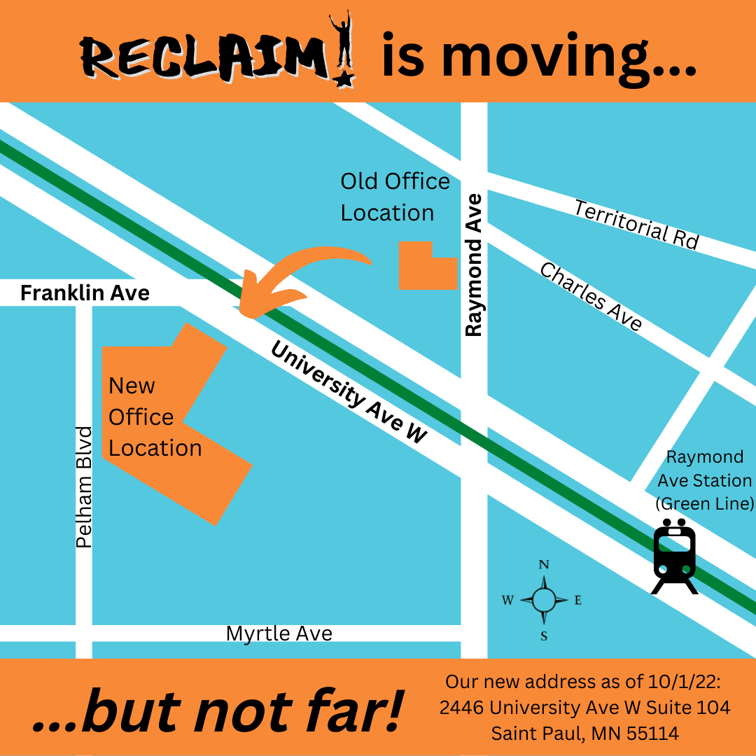 Map of RECLAIM's old and new office locations, showing the new office is a block to the southwest of the current office