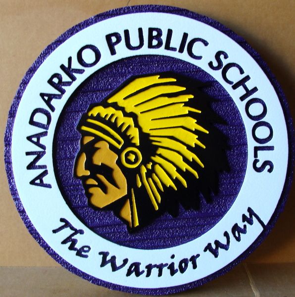 Y34721 - Carved 2.5-D and Engraved  Wall Plaque for Mandarko Public Schools, with Indian Chief Head     