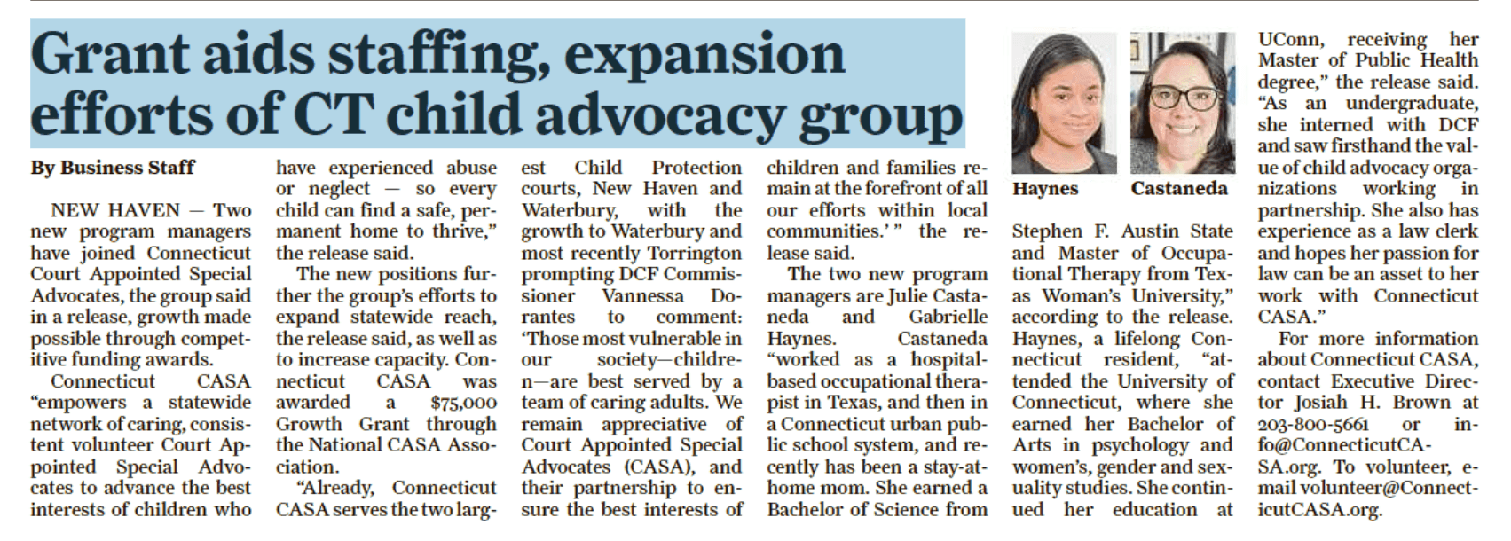 "Grant aids staff growth, expansion efforts of CT child advocacy group"