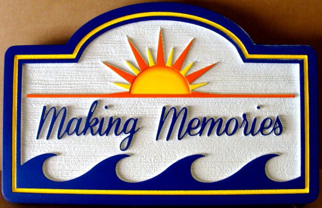 L21163 - Coastal Residence Name Sign for "Making Memories  " with Stylized Sun and Ocean Waves